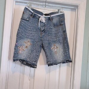 Stylish Blue Denim Shorts with Rhinestone Accents